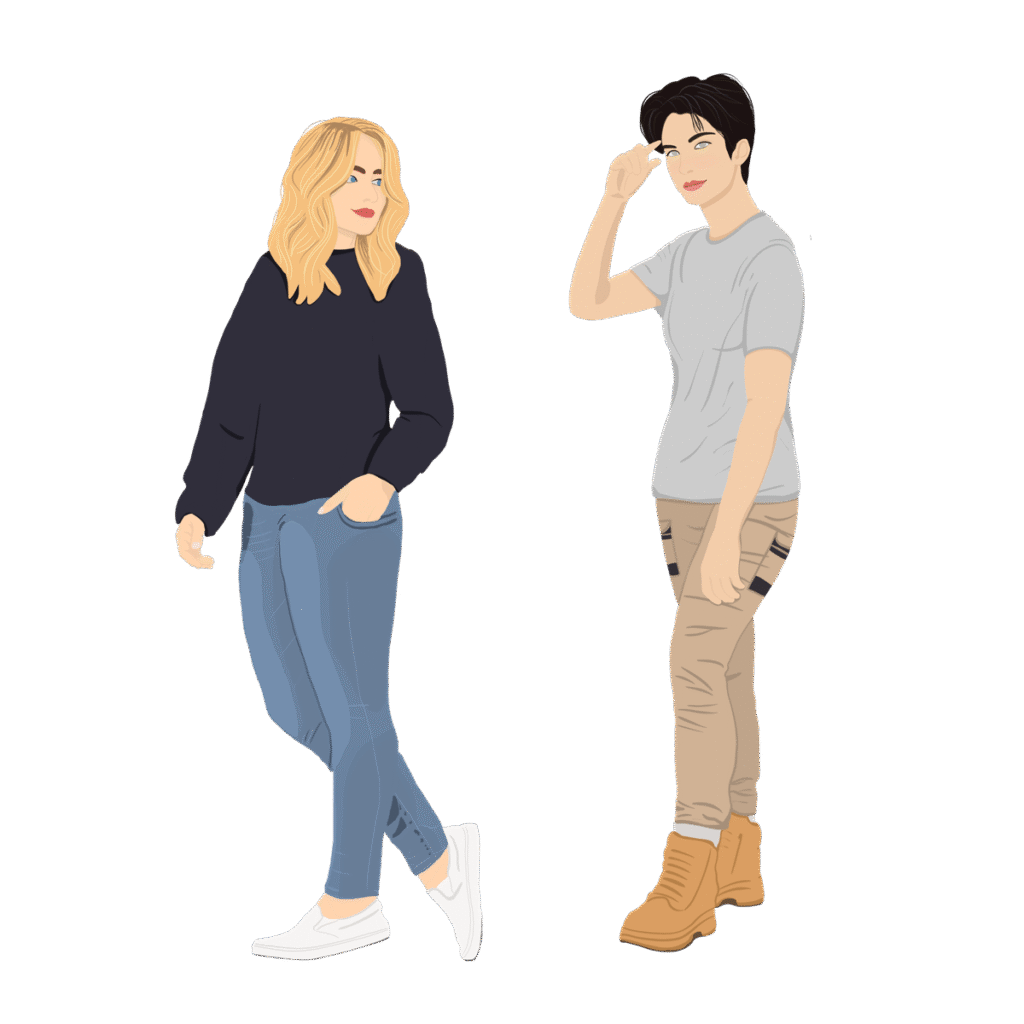 Illustration of two characters from a book. One is wearing jeans and a knit jumper, the other is wearing tradie gear.